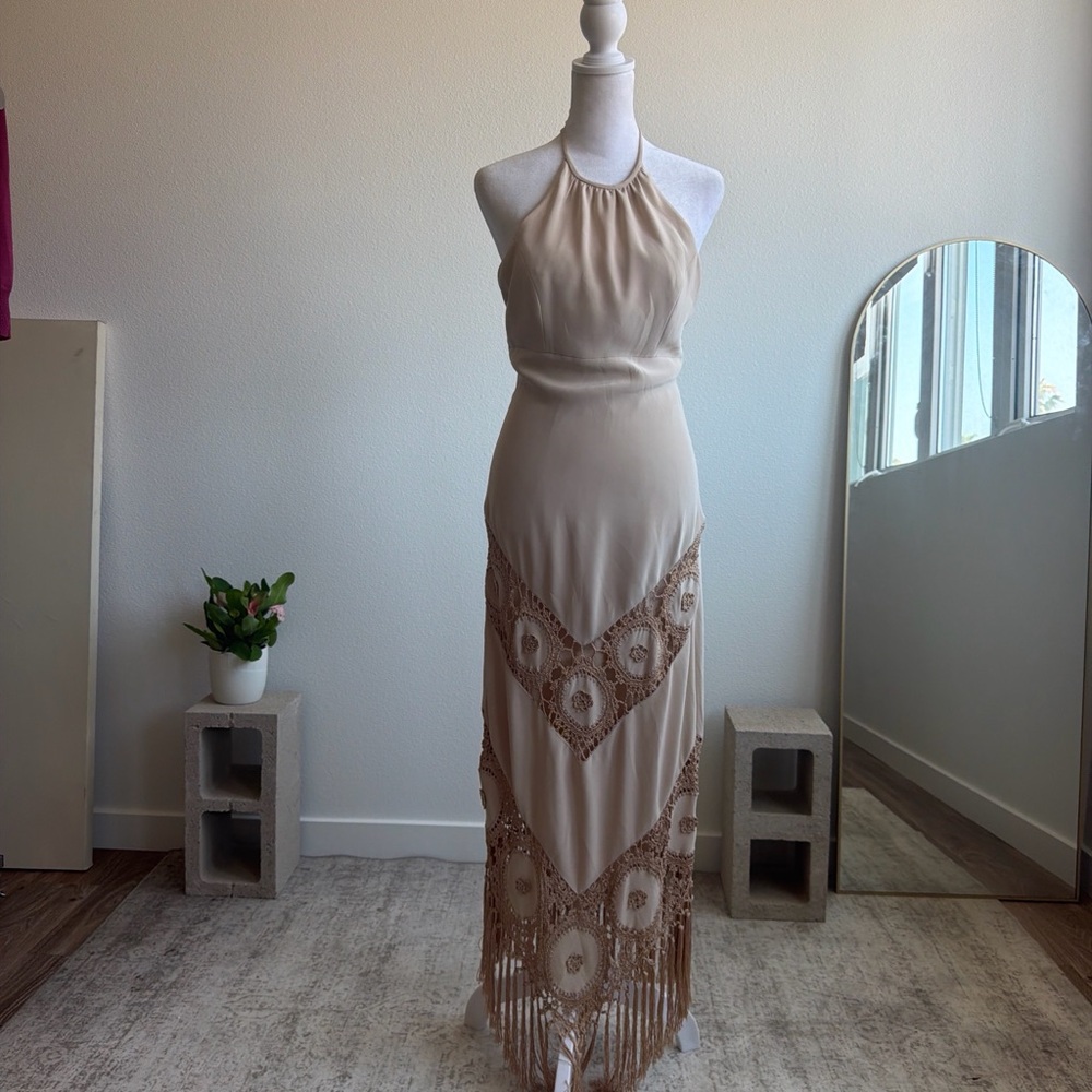 Sue Wong Boho Beige Halter Maxi Dress with Crochet Fringe size 2 - Picture 4 of 6